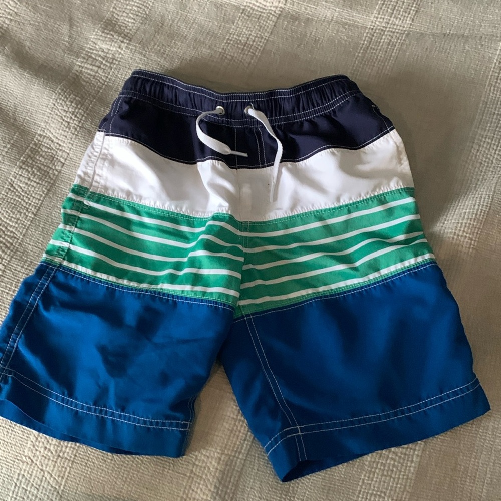 Kids size 6-7 Hanna Andersson blue green and white bathing suit good condition